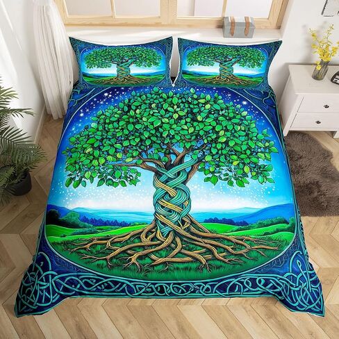 Erosebridal Tree of Life Duvet Cover Toddler for Kids Boys Girls,Viking Green Tree Comforter Cover,Oil Painting Bedding Set,Abstract Geometric Bed Set with 1 Pillowcase Bedroom Decor in Kuwait
