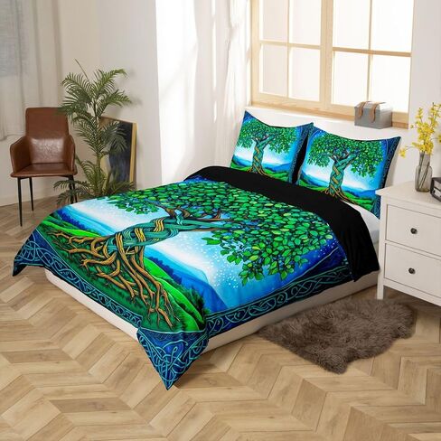 Erosebridal Tree of Life Duvet Cover Toddler for Kids Boys Girls,Viking Green Tree Comforter Cover,Oil Painting Bedding Set,Abstract Geometric Bed Set with 1 Pillowcase Bedroom Decor in Kuwait