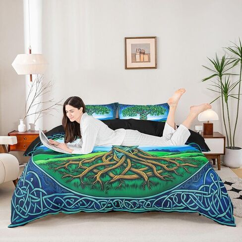 Erosebridal Tree of Life Duvet Cover Toddler for Kids Boys Girls,Viking Green Tree Comforter Cover,Oil Painting Bedding Set,Abstract Geometric Bed Set with 1 Pillowcase Bedroom Decor in Kuwait