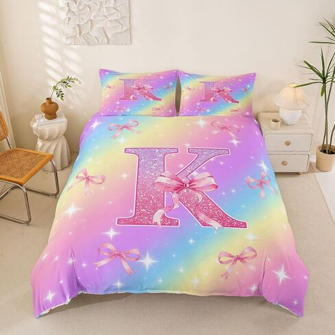 Initial Monogram Duvet Cover Set Girls Room Decor Pink Bow Full Size Bedding Sets for Toddler Boys Pastel Rainbow Glitter Girly Aesthetic Coquette Comforter Cover Personalized Gift Letter K Bed Set in Kuwait