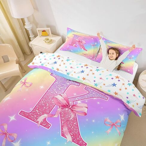 Initial Monogram Duvet Cover Set Girls Room Decor Pink Bow Full Size Bedding Sets for Toddler Boys Pastel Rainbow Glitter Girly Aesthetic Coquette Comforter Cover Personalized Gift Letter K Bed Set in Kuwait