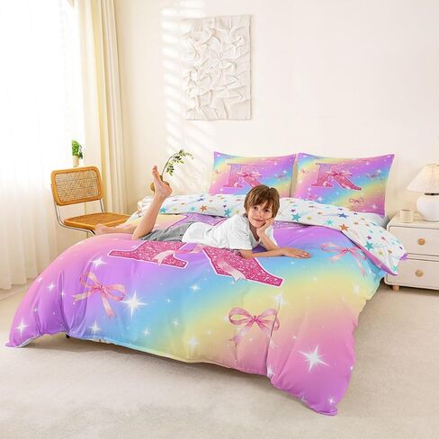 Initial Monogram Duvet Cover Set Girls Room Decor Pink Bow Full Size Bedding Sets for Toddler Boys Pastel Rainbow Glitter Girly Aesthetic Coquette Comforter Cover Personalized Gift Letter K Bed Set in Kuwait