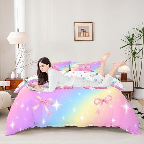 Initial Monogram Duvet Cover Set Girls Room Decor Pink Bow Full Size Bedding Sets for Toddler Boys Pastel Rainbow Glitter Girly Aesthetic Coquette Comforter Cover Personalized Gift Letter K Bed Set in Kuwait