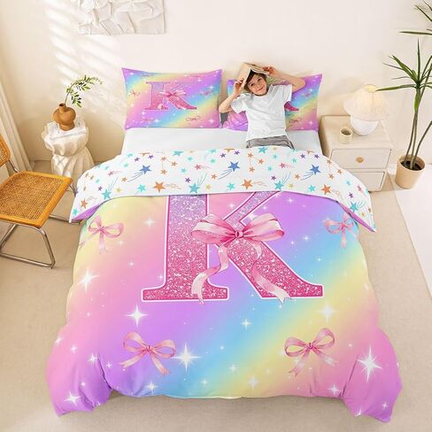 Initial Monogram Duvet Cover Set Girls Room Decor Pink Bow Full Size Bedding Sets for Toddler Boys Pastel Rainbow Glitter Girly Aesthetic Coquette Comforter Cover Personalized Gift Letter K Bed Set in Kuwait