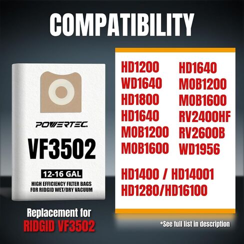 POWERTEC 23743 VF3502 Size A Shop Vacuum Bags for Ridgid 4 Pack, 12-16 Gal. Vacuum Bags for Ridgid HD1200, HD1400 Wet Dry Vac (75002P2) in Kuwait