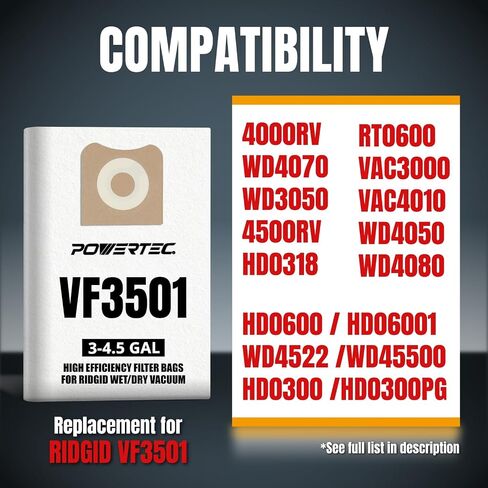 POWERTEC VF3501 Size C Shop Vac Bags for Ridgid 5 Pack, 3-4.5 Gal. 23738 Vacuum Bags for Ridgid 4000RV, WD40700 Wet Dry Vac (75017V) in Kuwait