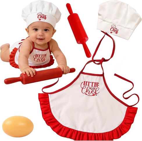 4 Pack Newborn Chef Outfit Photography Props 0-6 Months | chef hat apron mini silicone rolling pin and egg prop for 0-6 months memory photography, lightweight and breathable in Kuwait