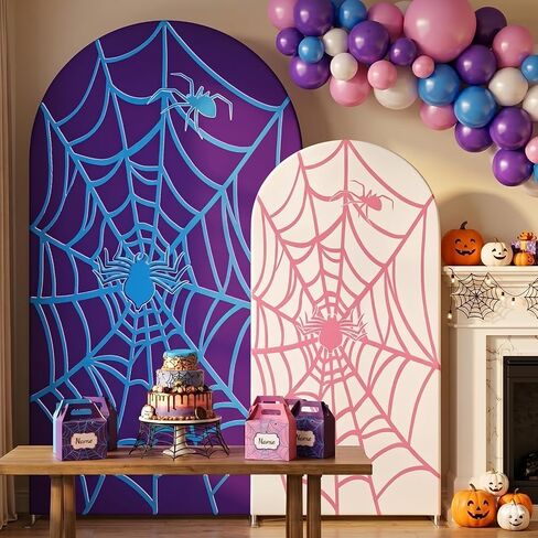 2 Pcs 6ft 7.2ft Purple Spider Theme Arch Covers Spiderweb Arch Backdrop Covers Web Bat for Photo Props Cosplay Cartoon Spider Girl Birthday Baby Shower Halloween Decorations in Kuwait