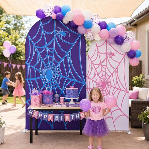2 Pcs 6ft 7.2ft Purple Spider Theme Arch Covers Spiderweb Arch Backdrop Covers Web Bat for Photo Props Cosplay Cartoon Spider Girl Birthday Baby Shower Halloween Decorations in Kuwait