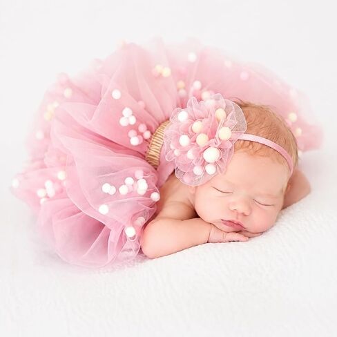 Newborn Photography Props Tulle Skirt Headband Set Baby Girl Outfits | Soft Stretchy Infant Outfit for Photoshoot, Fluffy Layered Design, Comfortable Costume for Baby Shower, Studio Portraits in Kuwait