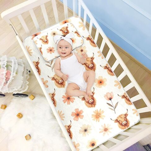 Western Boho Highland Cow Floral Cooling Baby Mattress Protector Pads 28" x 52" Washable Pads Washable for Baby&Toddler in Kuwait