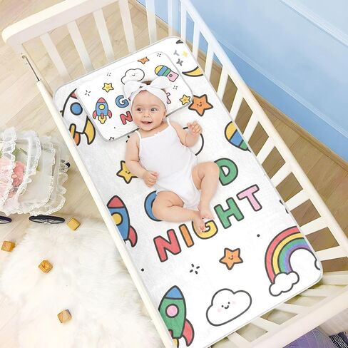 Good Night Cartoon Colorful rocketing Cooling Baby Crib Mattress Topper 28" x 52" Washable Pads for Bed Washable for Kids, Adult in Kuwait