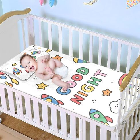 Good Night Cartoon Colorful rocketing Cooling Baby Crib Mattress Topper 28" x 52" Washable Pads for Bed Washable for Kids, Adult in Kuwait