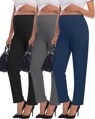 3 Pack Women's Maternity Pants for Work, 3-Color Set, Medium | Maternity Pants, Work Dress Pants, Over The Belly, Straight Leg, Casual, Stretchy, with Pockets, for Women, Pregnancy in Kuwait
