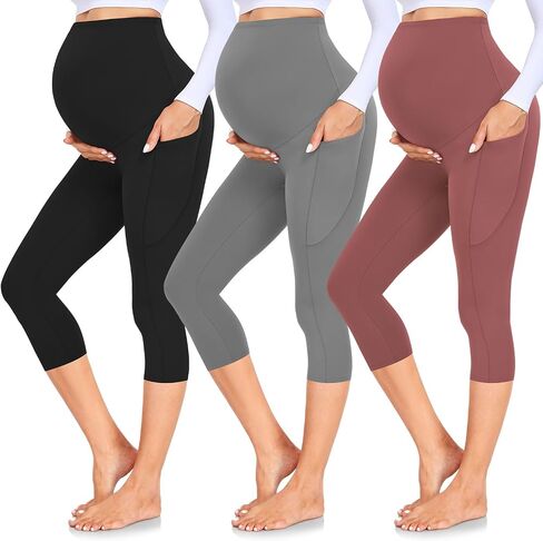 GROTEEN 3 Pack Maternity Capri Leggings with Pockets Over Belly Yoga Pants | Yoga Pants, Workout, Casual, Work, Clothes, Outfits, Sets, Sweatpants, Super Soft, Tights, Pregnancy Must Haves, Essentials in Kuwait