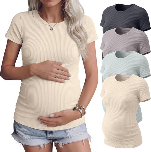 4 Pack Womens Maternity Shirts Work Tees | Ribbed Knit, Short Sleeve Tops, Crew Neck, Pregnancy, Work Tees, Casual, Summer Clothes, Soft, Breathable, Office Friendly in Saudi Arabia