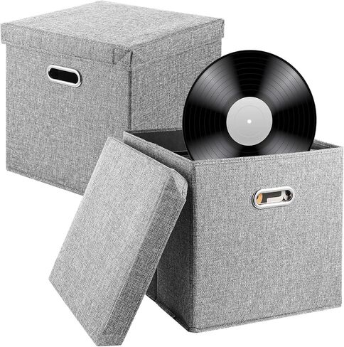 2 PCS Vinyl Record Storage Boxes, 13 x 13 x 13 Inches, For 50 Albums, Vinyl Record Storage Organizers, Records Crate, LP Album Storage Holders, Fabric Storage Boxes with Lids for Moving in Kuwait