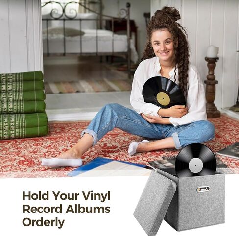 2 PCS Vinyl Record Storage Boxes, 13 x 13 x 13 Inches, For 50 Albums, Vinyl Record Storage Organizers, Records Crate, LP Album Storage Holders, Fabric Storage Boxes with Lids for Moving in Kuwait