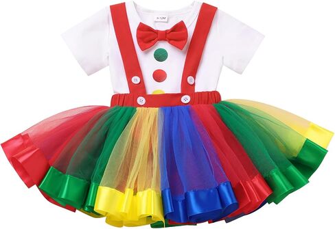 IBTOM CASTLE Toddler Baby Girl Clown Circus Outfit Short Sleeve Bowknot T-shirt Top and Rainbow Suspender Skirt 2pcs Set 1st 2nd 3rd 4th Birthday Cake Smash Photoshoot Dresses Red 3-4T in Kuwait
