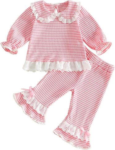 Toddler Baby Girl Fall Outfit Waffle Sweatshirt Pants Winter Set | Liitle Girls Bell Long Sleeve Trim Stripe Print Top Elastic Waist Flare Pants Outfits Kids Spring Autumn Winter Set in Kuwait