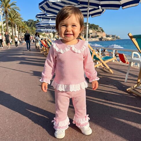 Toddler Baby Girl Fall Outfit Waffle Sweatshirt Pants Winter Set | Liitle Girls Bell Long Sleeve Trim Stripe Print Top Elastic Waist Flare Pants Outfits Kids Spring Autumn Winter Set in Kuwait