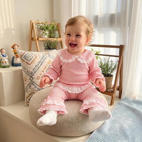 Toddler Baby Girl Fall Outfit Waffle Sweatshirt Pants Winter Set | Liitle Girls Bell Long Sleeve Trim Stripe Print Top Elastic Waist Flare Pants Outfits Kids Spring Autumn Winter Set in Kuwait