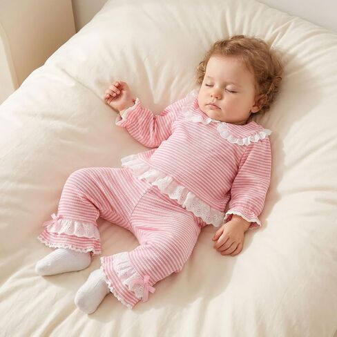 Toddler Baby Girl Fall Outfit Waffle Sweatshirt Pants Winter Set | Liitle Girls Bell Long Sleeve Trim Stripe Print Top Elastic Waist Flare Pants Outfits Kids Spring Autumn Winter Set in Kuwait