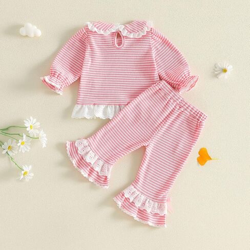 Toddler Baby Girl Fall Outfit Waffle Sweatshirt Pants Winter Set | Liitle Girls Bell Long Sleeve Trim Stripe Print Top Elastic Waist Flare Pants Outfits Kids Spring Autumn Winter Set in Kuwait