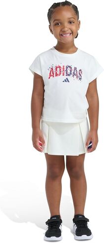 adidas Girls Box Tee & Pleated Skort Set, Off-white, 4 | Short Sleeve T-Shirt, regular fit, above-knee length, 3-Stripes design, logo detail in Kuwait