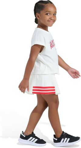 adidas Girls Box Tee & Pleated Skort Set, Off-white, 4 | Short Sleeve T-Shirt, regular fit, above-knee length, 3-Stripes design, logo detail in Kuwait