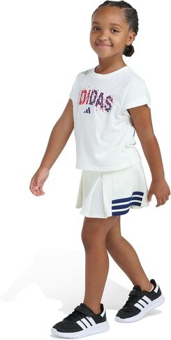 adidas Girls Box Tee & Pleated Skort Set, Off-white, 4 | Short Sleeve T-Shirt, regular fit, above-knee length, 3-Stripes design, logo detail in Kuwait