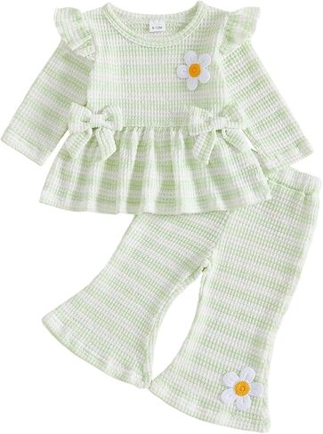 MoZiKQin Toddler Baby Girl Fall Clothes Lace Hem Doll Collar Plaid Shirt and Flare Pants Set Bell Bottom Outfits for Girls in Kuwait