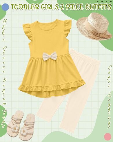 Toddler Girls' 2 Piece Outfits for School | Ruffle Sleeve Top, Capri Leggings, Kids Clothing Set, Summer Outfit, Casual Wear, for Toddler Girls 1-6T in Kuwait