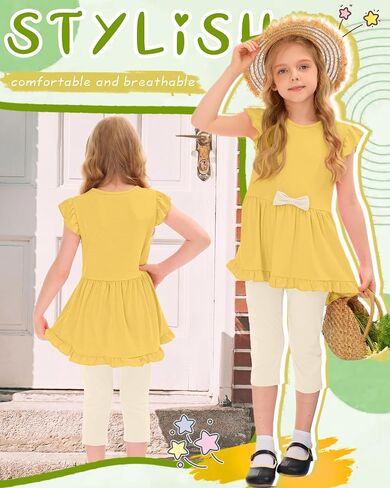 Toddler Girls' 2 Piece Outfits for School | Ruffle Sleeve Top, Capri Leggings, Kids Clothing Set, Summer Outfit, Casual Wear, for Toddler Girls 1-6T in Kuwait