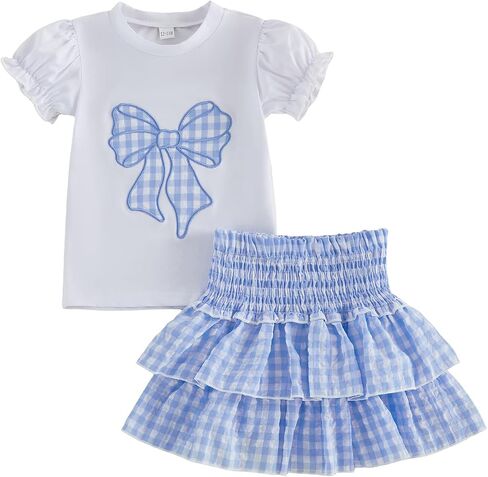 Toddler Baby Girl Summer Clothes Girls Bow Outfits Puff Short Sleeve T-Shirt Top Plaid Smocked Layered Skirt Set 2Pcs in Kuwait