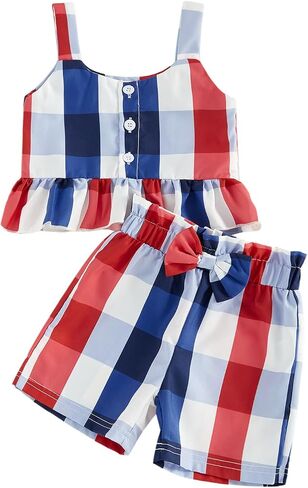 Biayxms Toddler Baby Girl 4th of July Outfit American Flag Ruffled Spaghetti Strap Tank Tops and Shorts July 4th Clothes Set in Kuwait