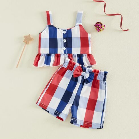 Biayxms Toddler Baby Girl 4th of July Outfit American Flag Ruffled Spaghetti Strap Tank Tops and Shorts July 4th Clothes Set in Kuwait
