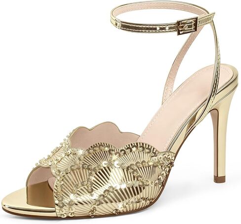 Sparkly Sequin Open Toe Stiletto Heeled Sandals for Women, Adjustable Ankle Strap High Heels with Scalloped Edge Glitter Summer Sandals, Wedding Prom Evening Formal Dress Shoes in Kuwait