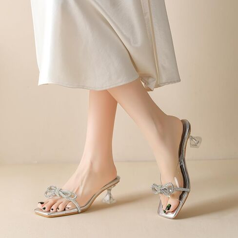 Amoji Women's 2 Inch Kitten Heels Rhinestone Clear Slip On Heeled Sandal 346 in Kuwait