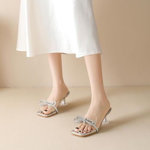 Amoji Women's 2 Inch Kitten Heels Rhinestone Clear Slip On Heeled Sandal 346 in Kuwait