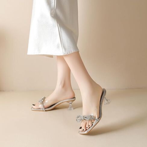 Amoji Women's 2 Inch Kitten Heels Rhinestone Clear Slip On Heeled Sandal 346 in Kuwait