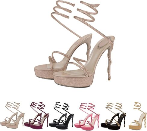 Women's Spiral Ankle Wrap Heels - Sparkly Platform Stiletto Sandals 4 Inch, Open Round Toe High Heel Sandals, Sexy Rhinestone for Wedding Party Evening in Kuwait