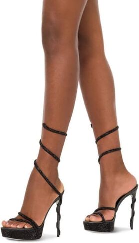 Women's Spiral Ankle Wrap Heels - Sparkly Platform Stiletto Sandals 4 Inch, Open Round Toe High Heel Sandals, Sexy Rhinestone for Wedding Party Evening in Kuwait