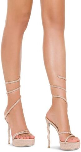 Women's Spiral Ankle Wrap Heels - Sparkly Platform Stiletto Sandals 4 Inch, Open Round Toe High Heel Sandals, Sexy Rhinestone for Wedding Party Evening in Kuwait