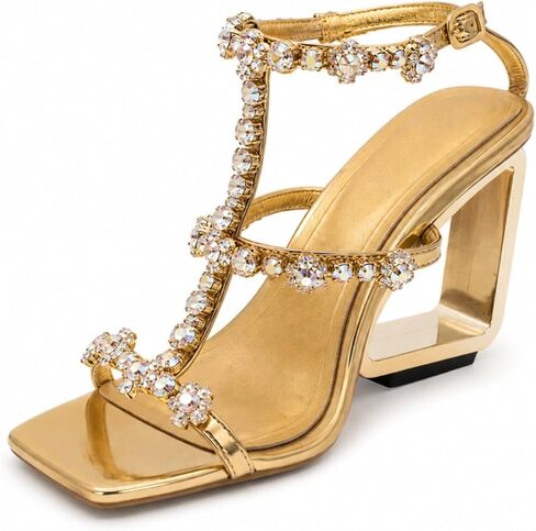 Aflngle Women's T-Strap Rhinestone Chunky High Heels Sandals Fashion Square Open Toe Ankle Strappy Buckle Wedding Party Prom Dress Rome Sandal Shoes in Kuwait