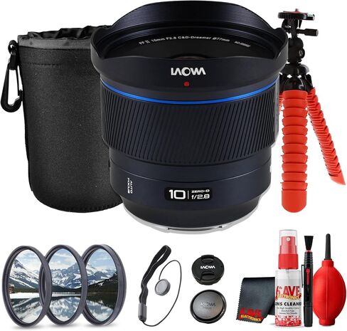 Laowa 10mm f/2.8 FF Autofocus Lens Sony E Mount Full Frame Ultra Wide Prime Zero-D Optics 130.4 Degree View (VE1028AFFE) + Lens Filter Kit + Tripod + Cleaning Kit + Pouch + Cap Keeper (7pc Bundle) in Kuwait