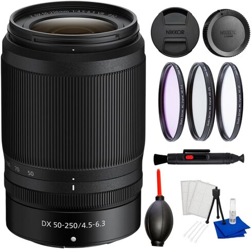 Nikon NIKKOR Z DX 50-250mm f/4.5-6.3 VR Lens for Nikon Z Mirrorless Cameras Bundle with Manufacturer Accessories + 3PC Filter Kit, Lens Pen, Dust Blower & Cleaning Kit in Kuwait