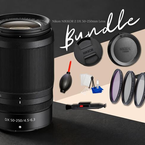 Nikon NIKKOR Z DX 50-250mm f/4.5-6.3 VR Lens for Nikon Z Mirrorless Cameras Bundle with Manufacturer Accessories + 3PC Filter Kit, Lens Pen, Dust Blower & Cleaning Kit in Kuwait