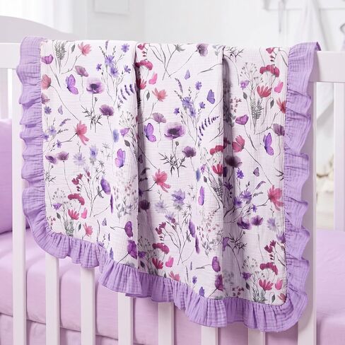Flounce Muslin Baby Blanket for Girls Boys, 100% Cotton Crib Swaddle Blankets, Blanket for Infant Toddler 40 x 36 Inch Soft and Lightweight Nursery Swaddling Wrap(Floral) in Kuwait