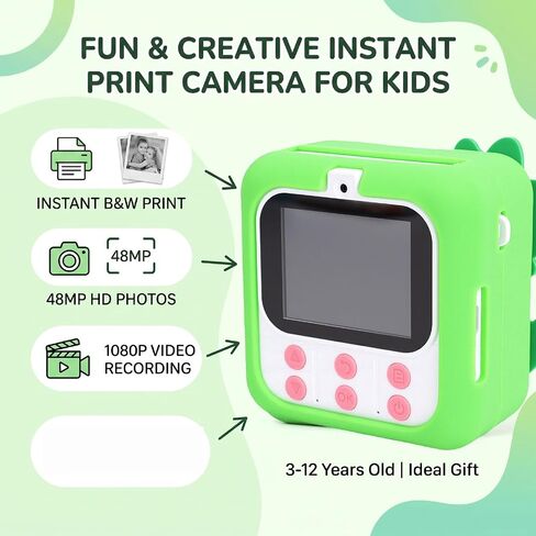Kids Instant Print Digital Camera, 48MP 1080P HD with 2.4 Inch Screen, Cute Cartoon Instant Camera with 32GB Memory Card, for Boys Girls Age 3-12 in Kuwait